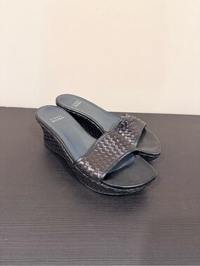 Stuart Weitzman Black Woven Leather Wedge Slides